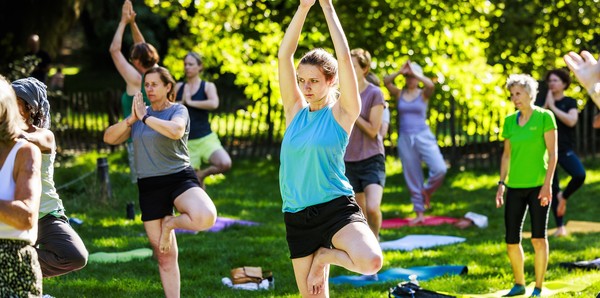 Vrouwen in yogahouding in het park